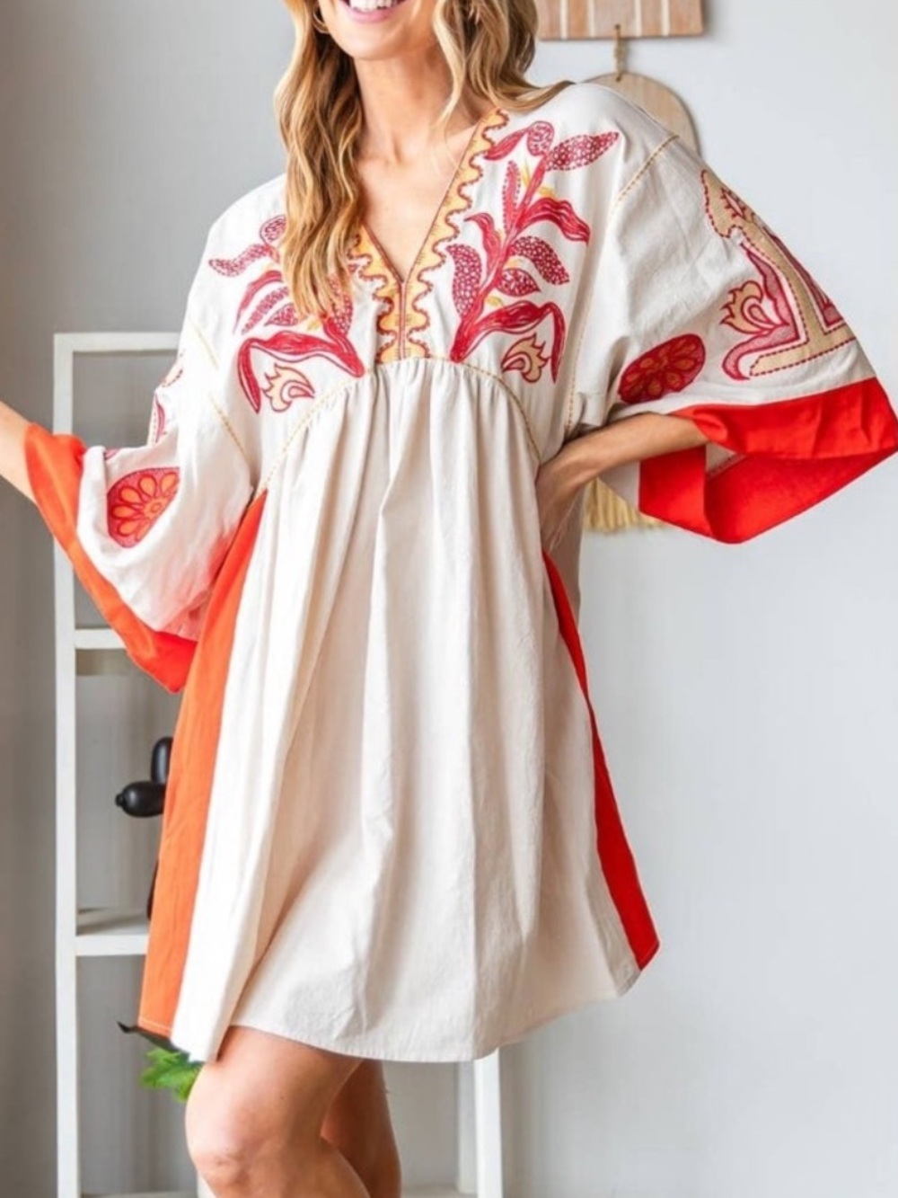 Veveret Ivory & Red Embroidered Mini Babydoll Dress